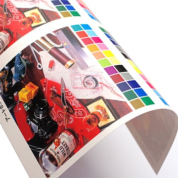 二つ折りパンフレット / A4サイズ仕上げ / アートポストコート紙厚口(180kg) / 両面カラー印刷